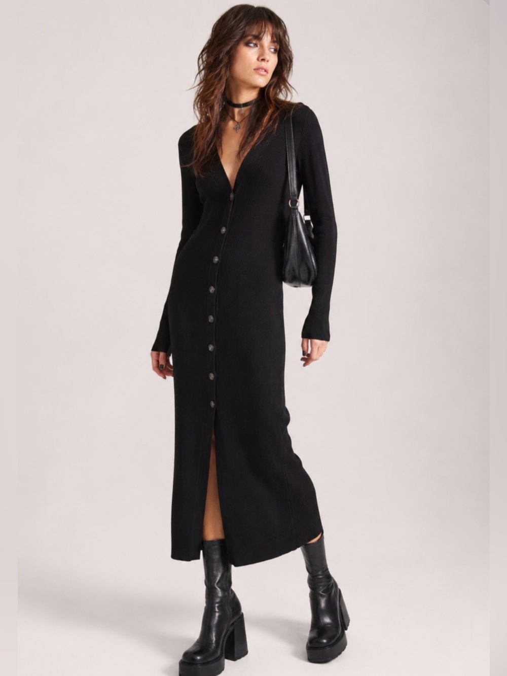 H&M Black Button-Front V-Neck Ribbed Maxi Dress XL